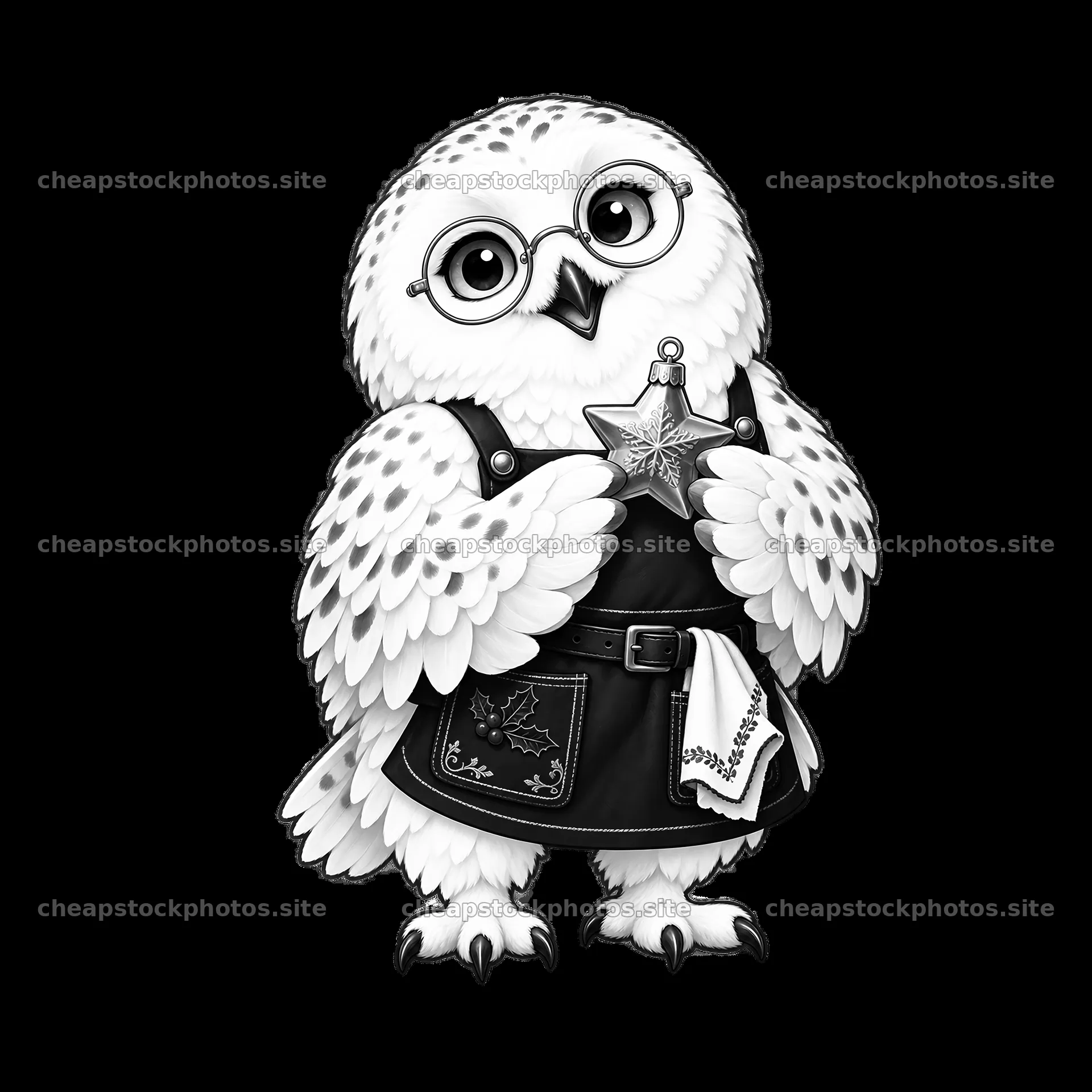 Owl wearing glasses and holding a star ornament for Christmas – stock photos 7746x7746