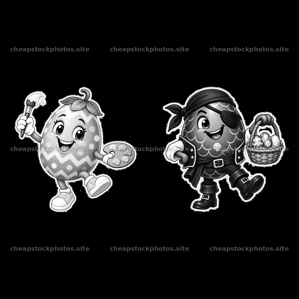 Colorful Easter egg characters with a painter and a pirate – stock photos 7746x7746