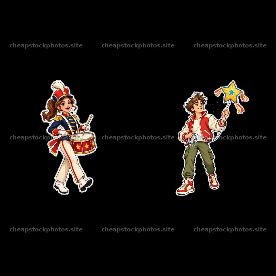 Cartoon characters celebrating with drums and stars – stock photos 7746x7746