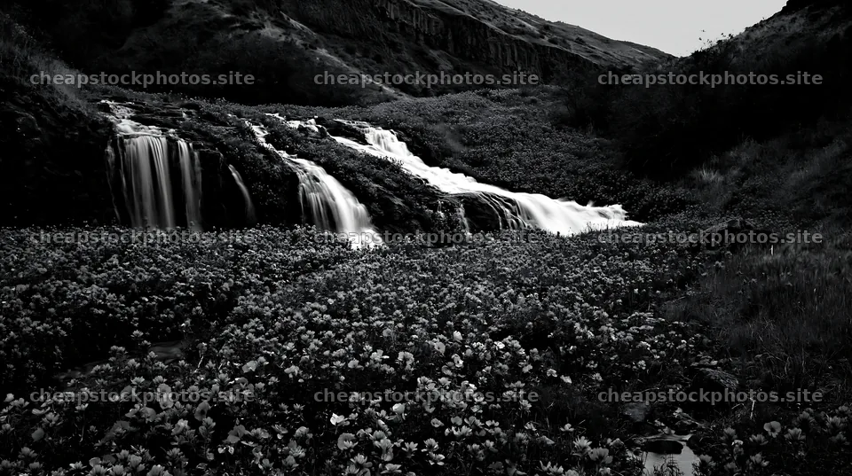 Cascade valley flower meadow with waterfall – stock photos 10608x5938