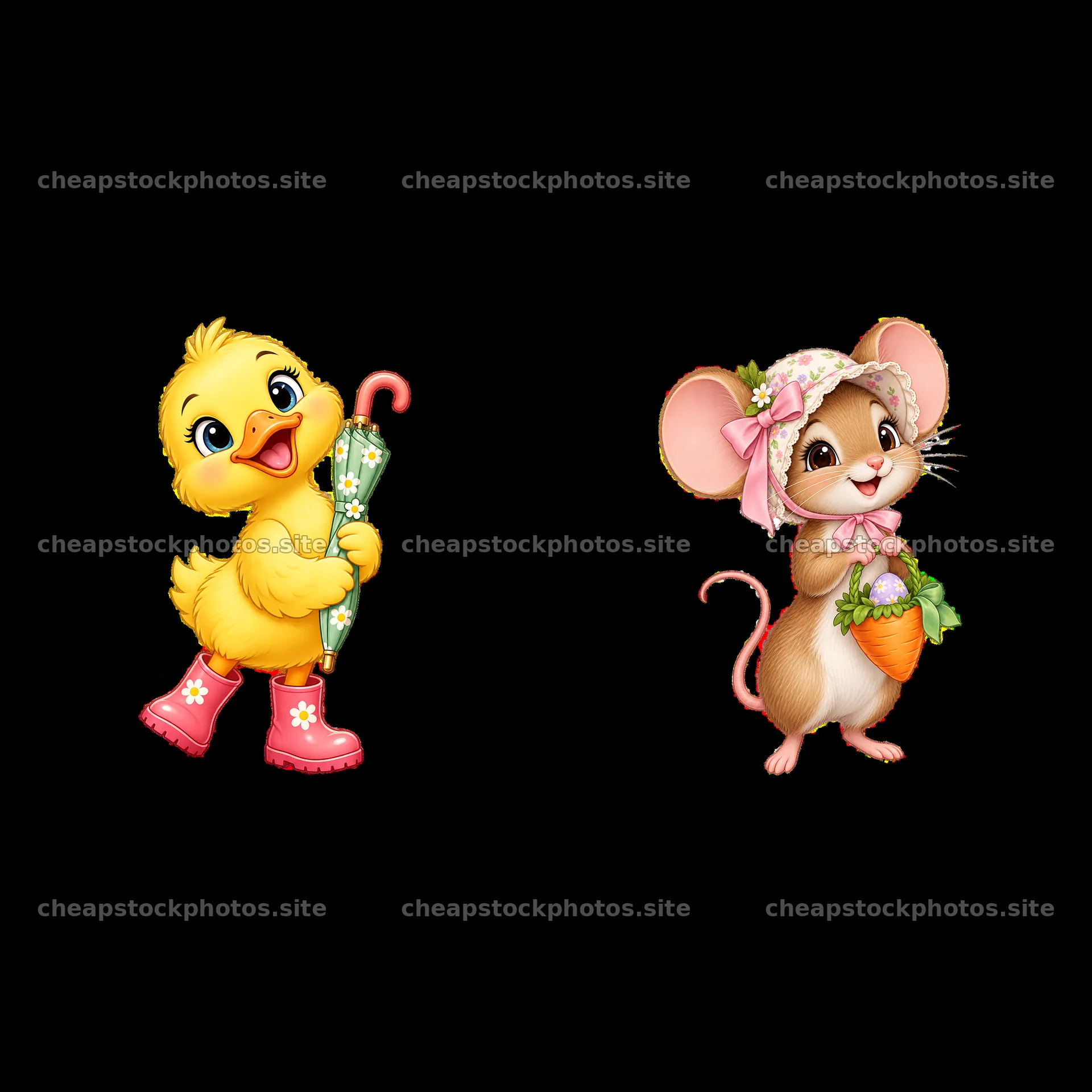Duck and mouse characters with accessories for Easter celebration – stock photos 7746x7746