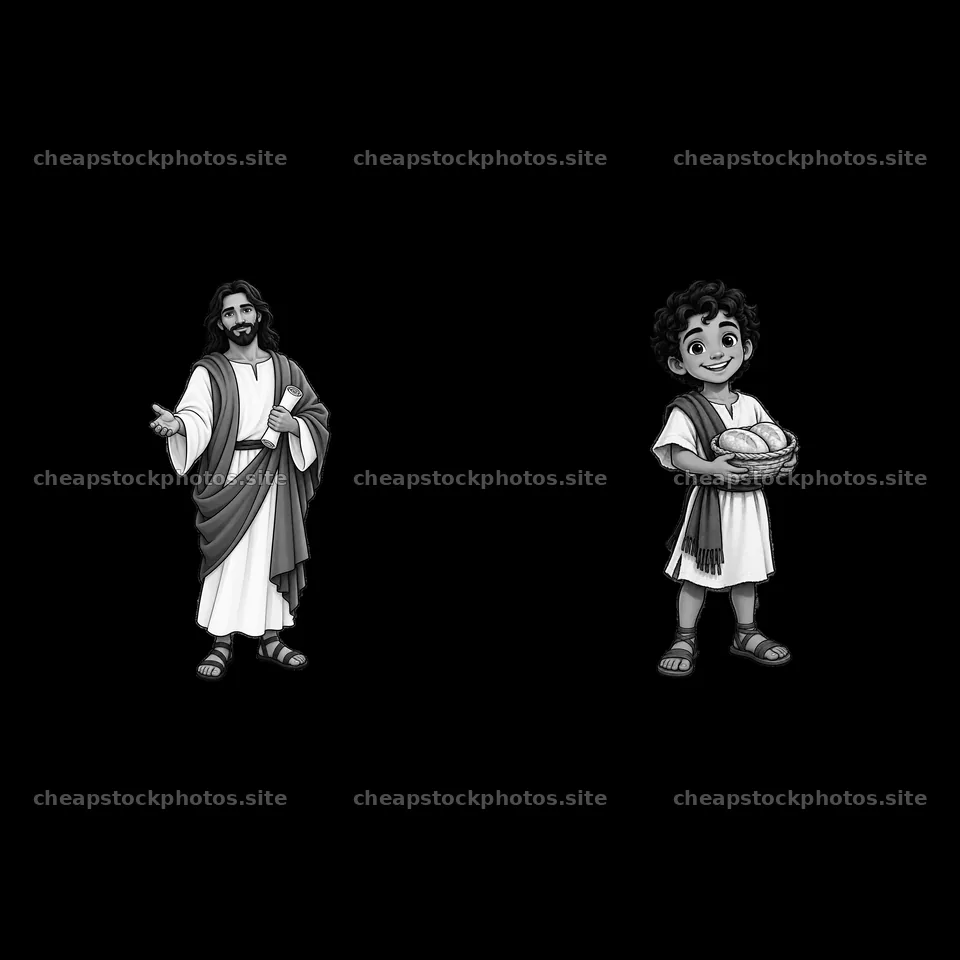 Jesus interacting with a boy offering bread – stock photos 7746x7746