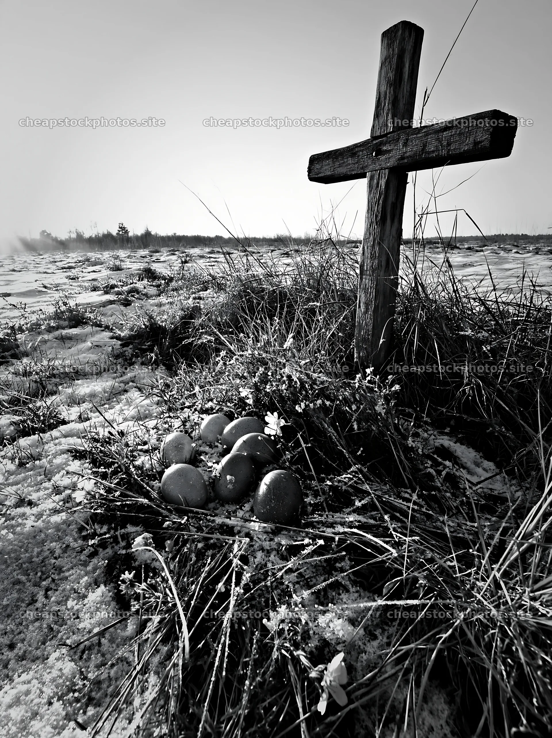 Weathered Christian cross in snowy meadow with orange eggs – stock photos 6866x9174