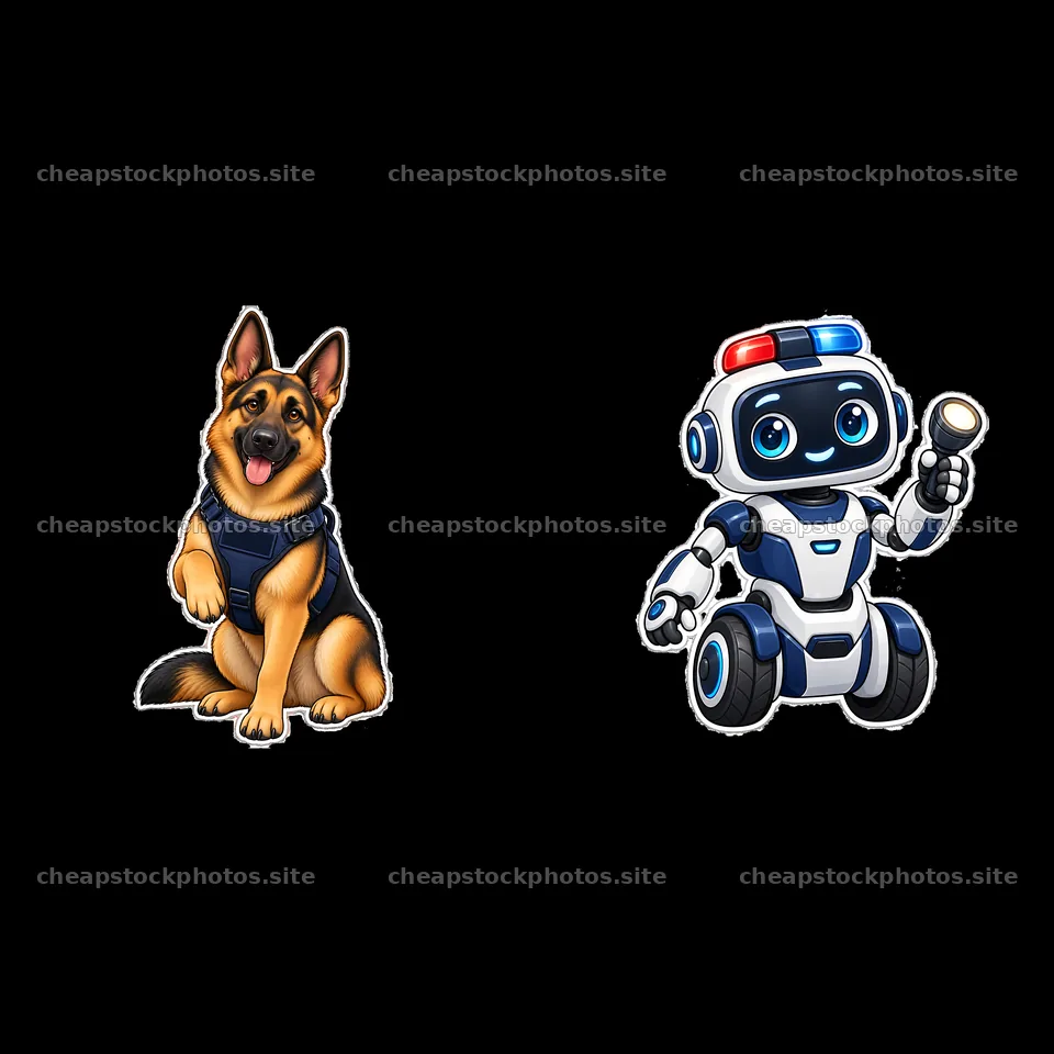 German shepherd dog and police robot in a bright scene – stock photos 7746x7746