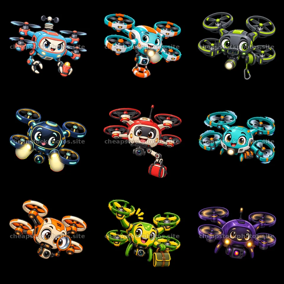 Funny cartoon drones with various accessories in a grid layout – stock photos 7746x7746