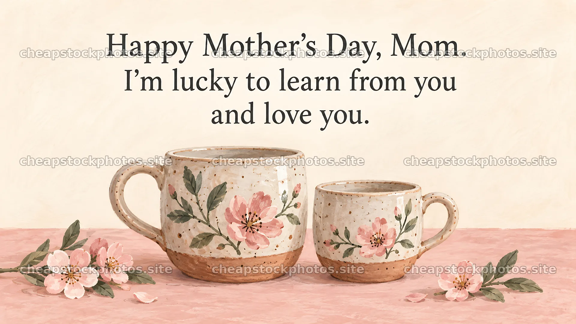 Mother's Day message with floral ceramic mugs – stock photos 10324x5812