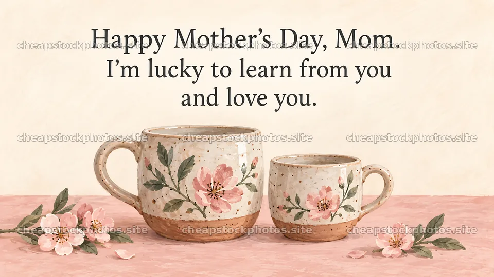 Mother's Day message with floral ceramic mugs – stock photos 10324x5812