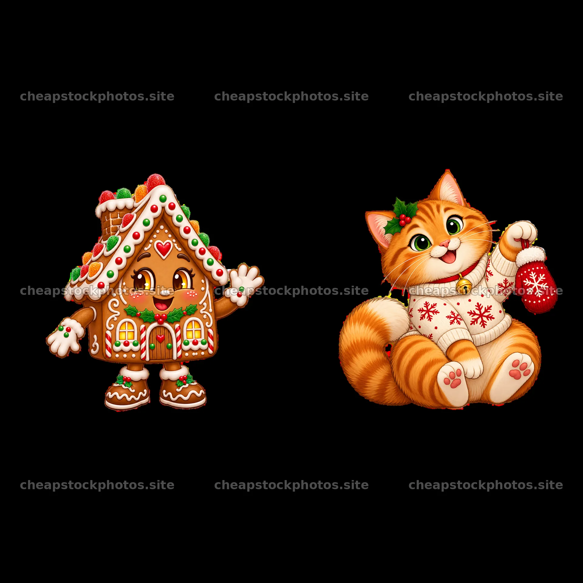 Gingerbread house and festive cat in holiday attire – stock photos 7746x7746
