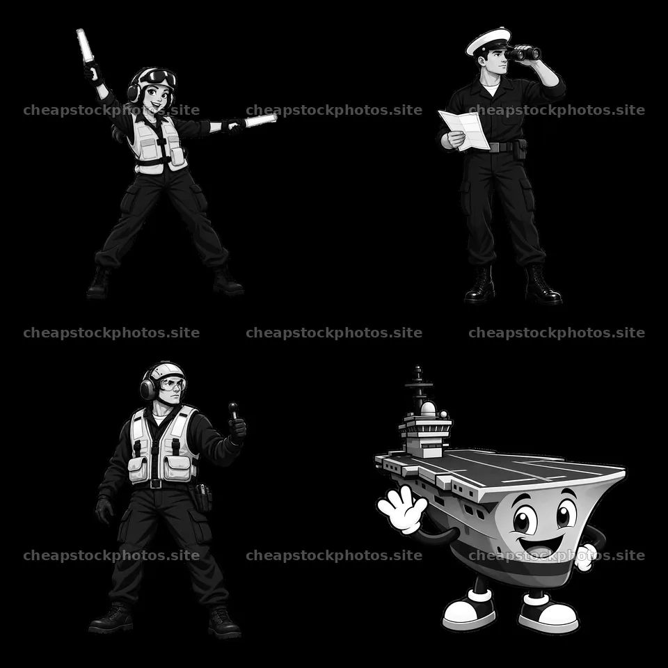 Cartoon characters guiding aircraft on an aircraft carrier – stock photos 7746x7746
