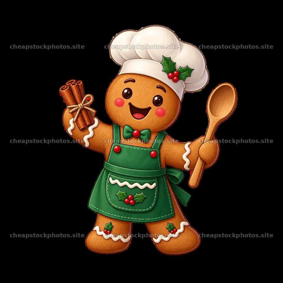 Gingerbread man chef holding cinnamon sticks and a spoon – stock photos 7746x7746