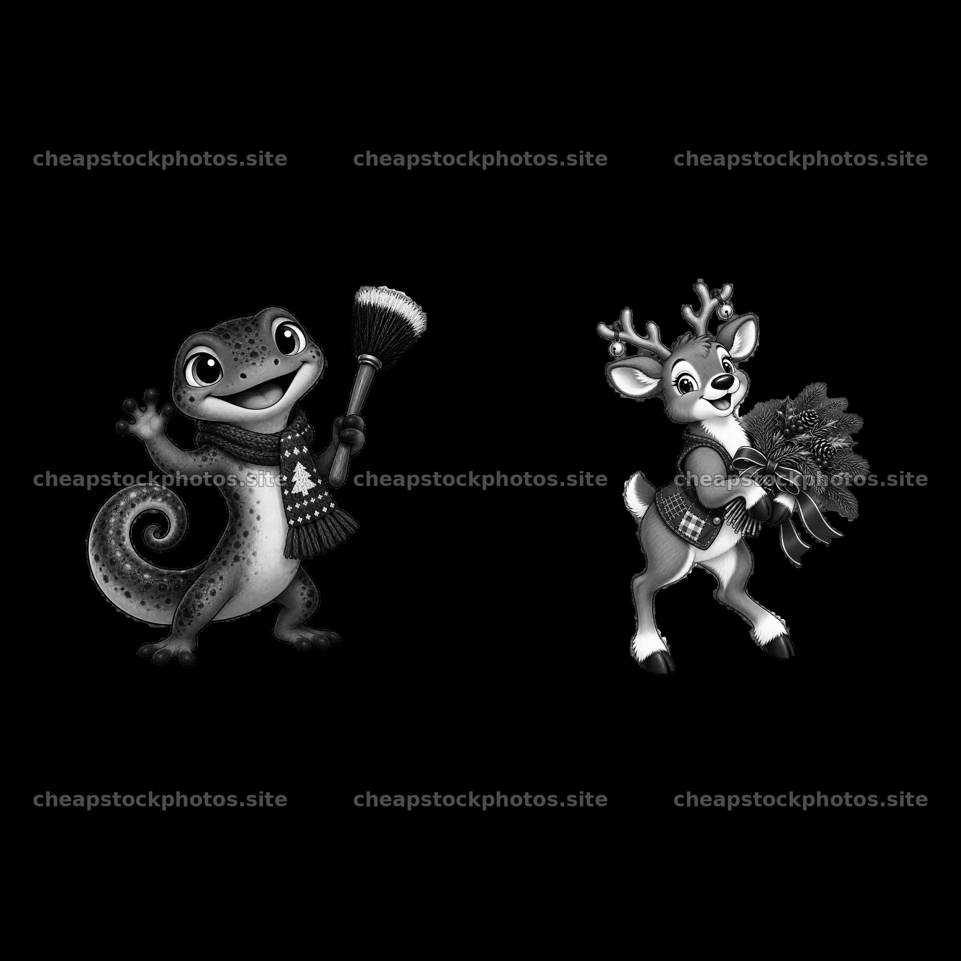 Gecko with broom and reindeer holding Christmas wreath sticker – stock photos 7746x7746
