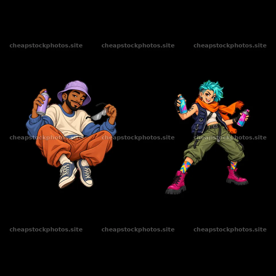Cool graffiti sprayer characters with spray paint cans in action – stock photos 7746x7746