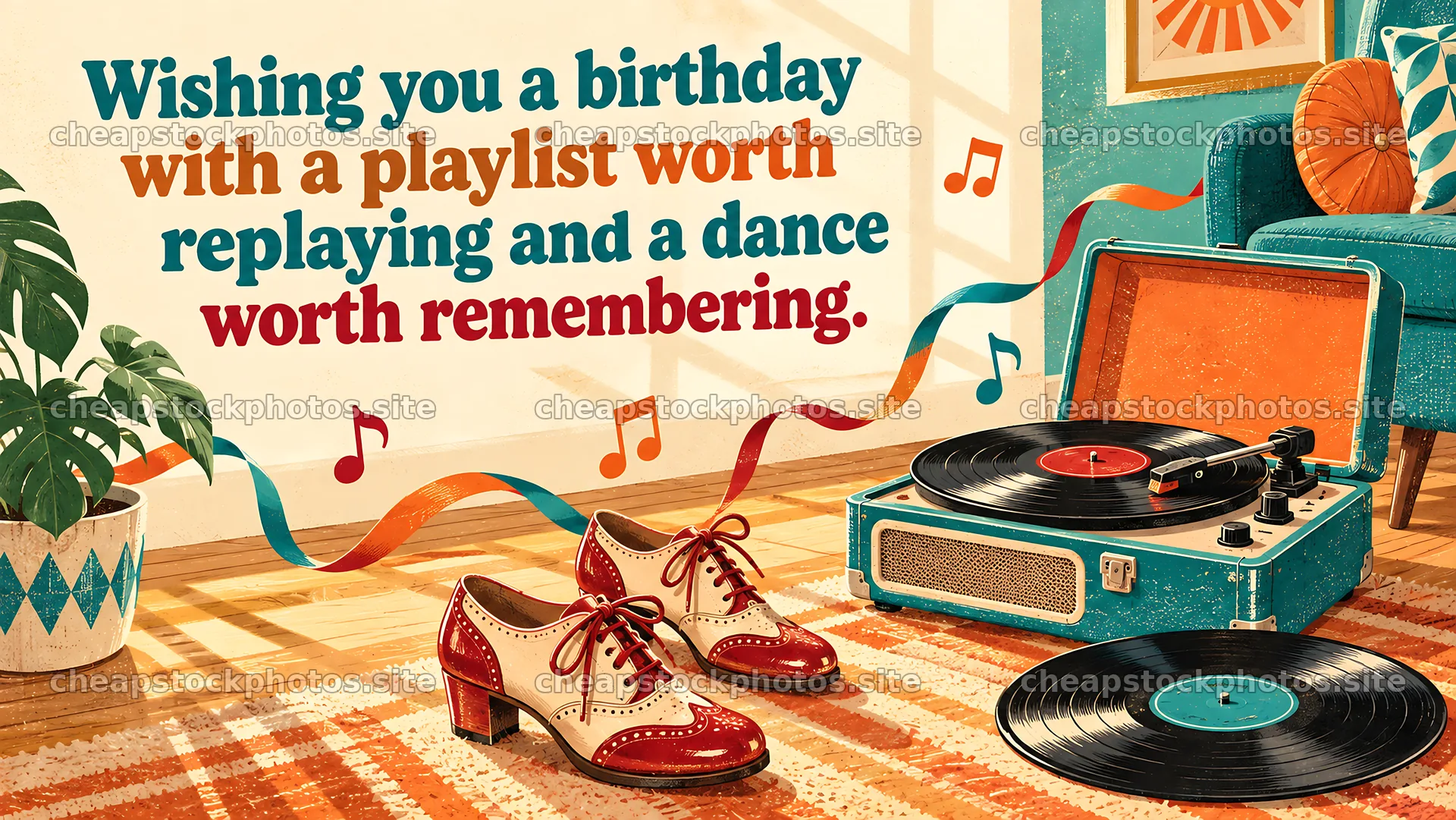 Retro Birthday Greeting with Vinyl Record Player – stock photos 10324x5812