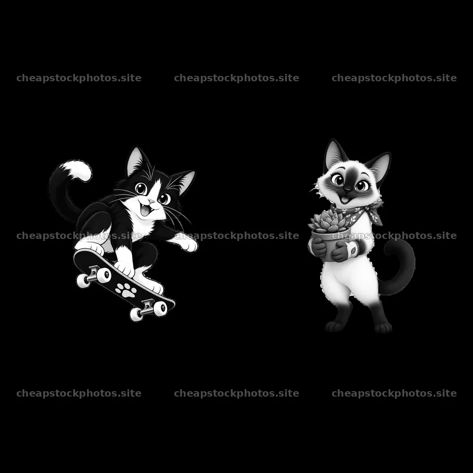 Cat skateboarder and cat with fruit basket in monochrome – stock photos 7746x7746