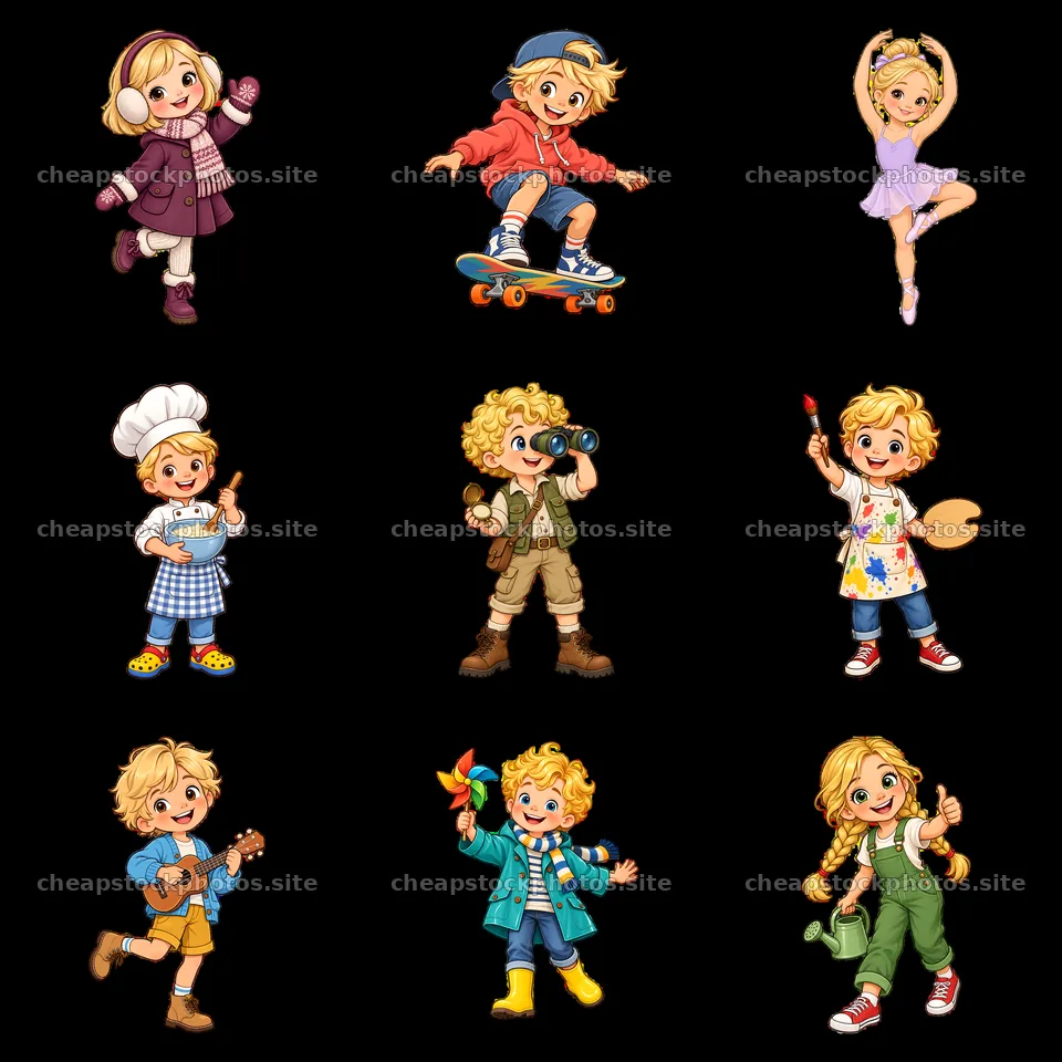 Blond child characters engaged in various activities in a grid layout – stock photos 7746x7746