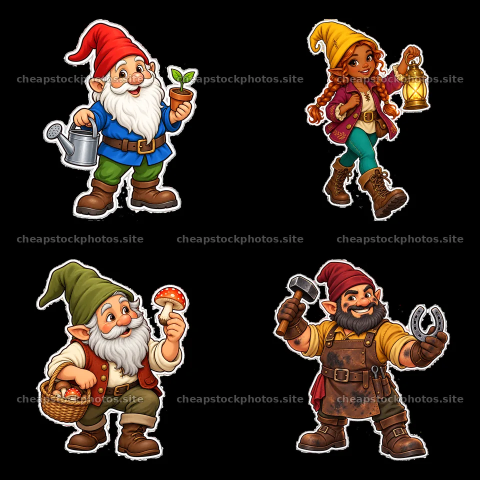 Gnome characters with plants, lantern, mushrooms, and tools – stock photos 7746x7746