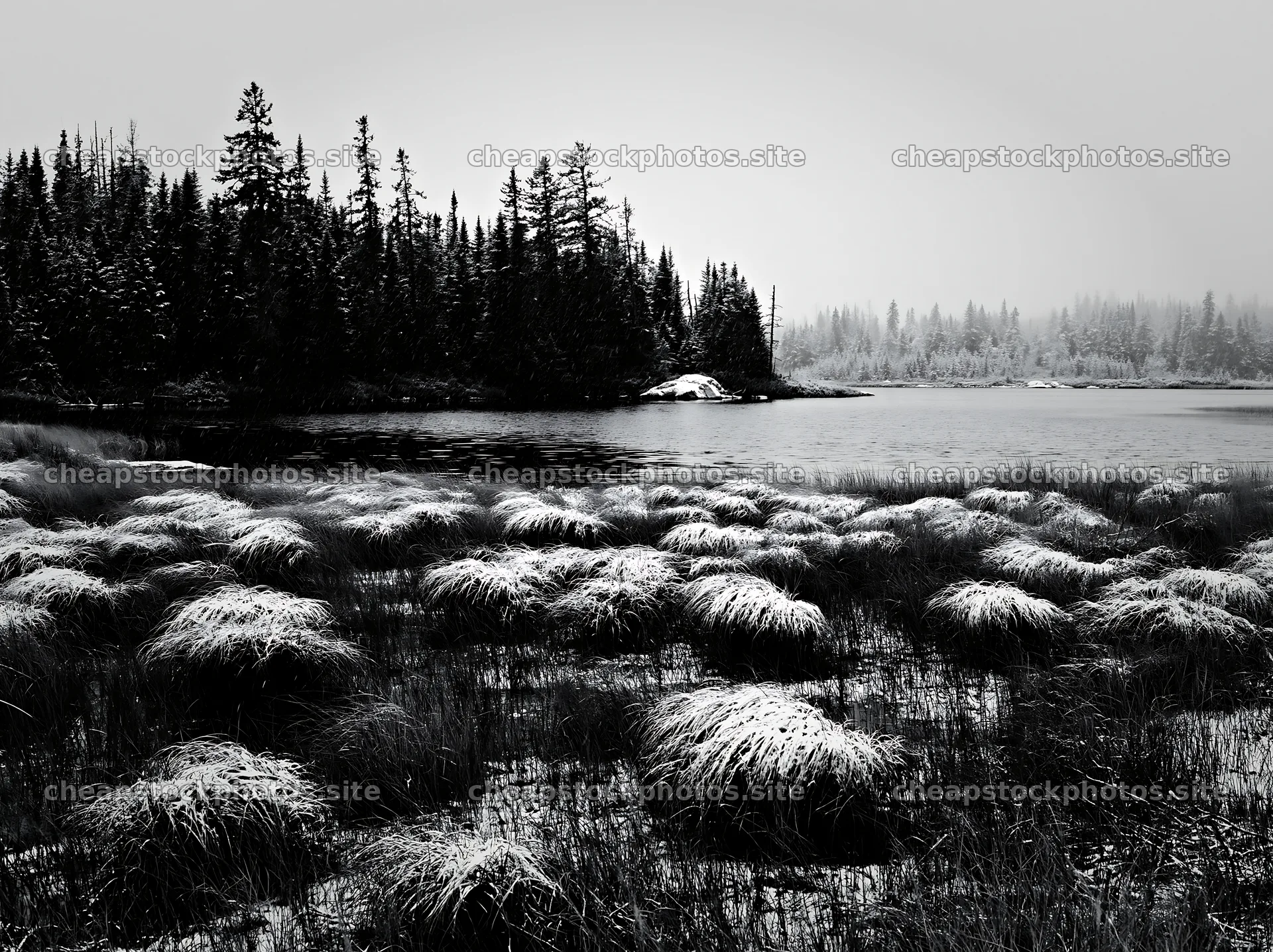 Lakeside meadow after first snowfall in black and white – stock photos 9174x6866