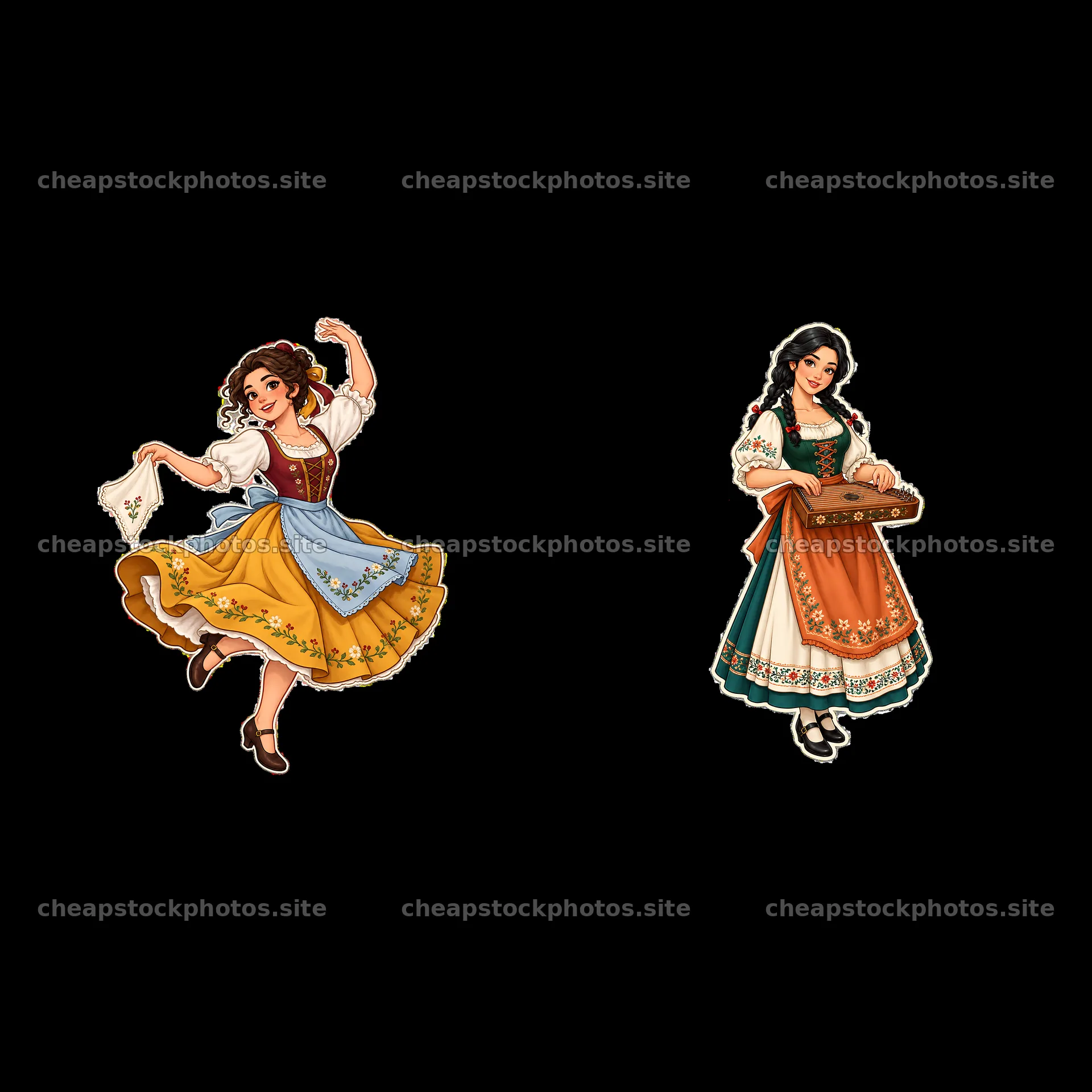 Women in folk dress dancing with a basket and a handkerchief – stock photos 7746x7746
