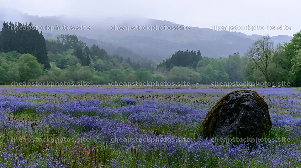Mossy stone in Miyagi spring recovery meadow with purple flowers – stock photos 10608x5938