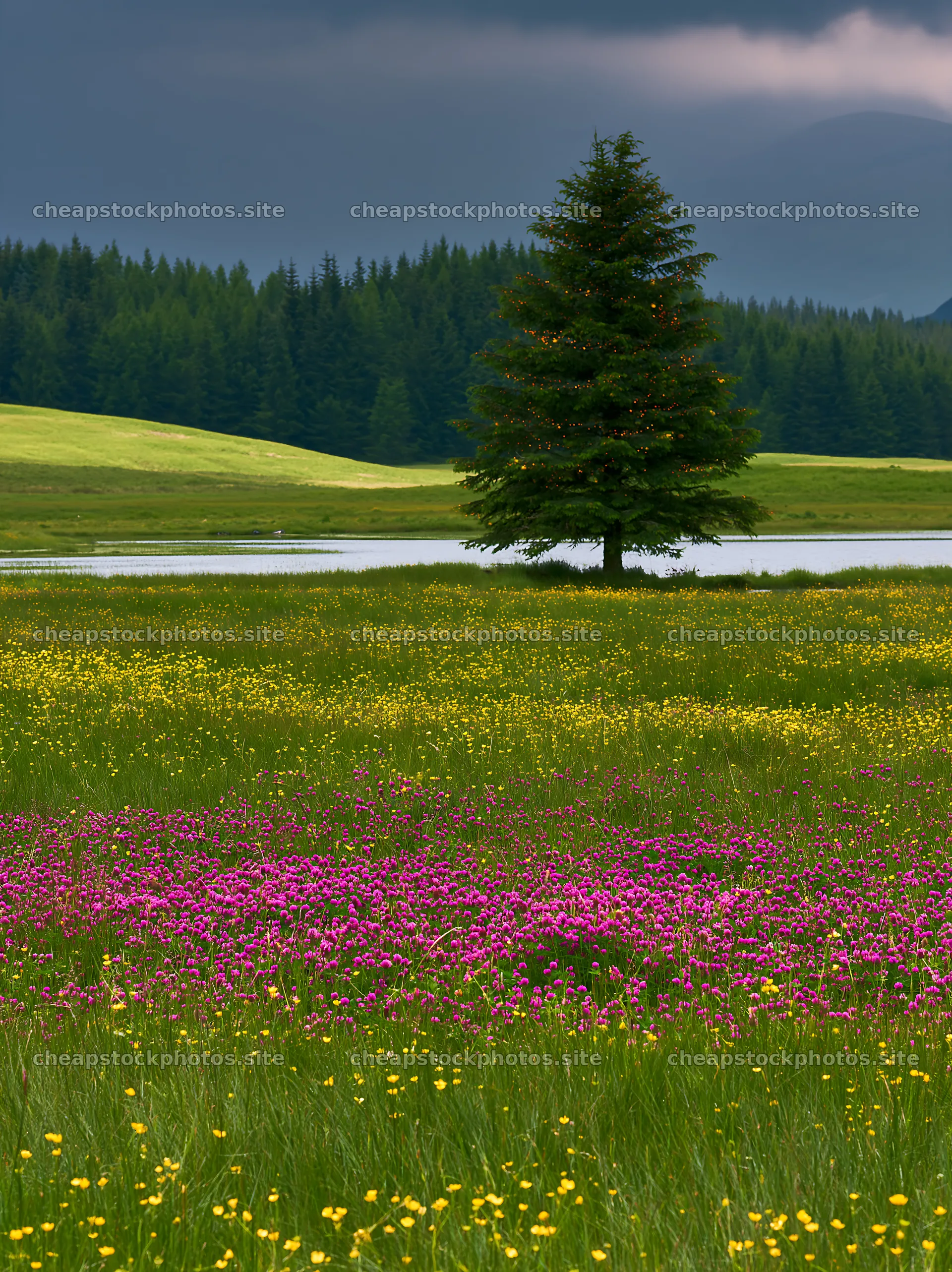 Christmas tree by stream in meadow with flowers and grass – stock photos 6866x9174