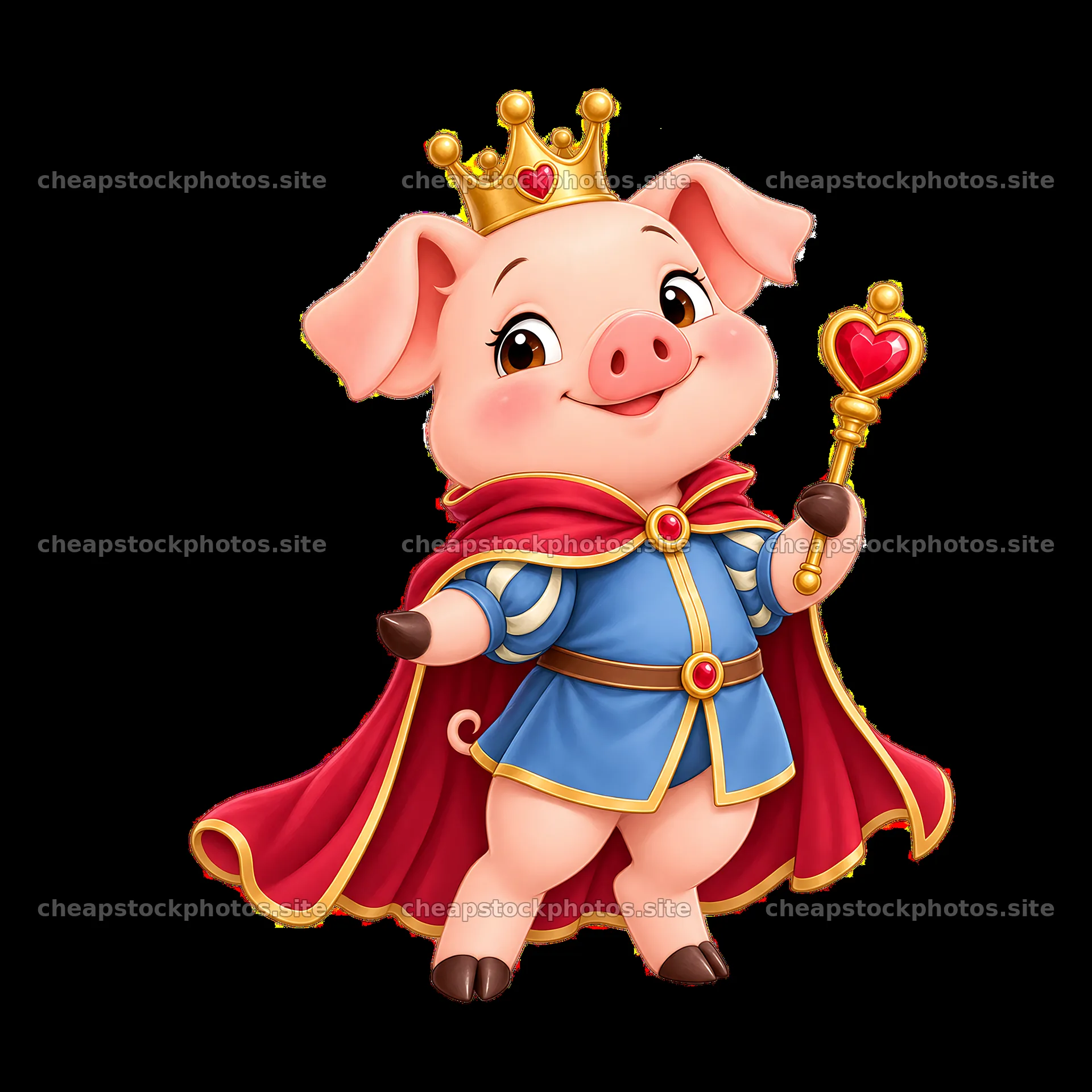 Pig with crown holding staff in royal attire – stock photos 7746x7746