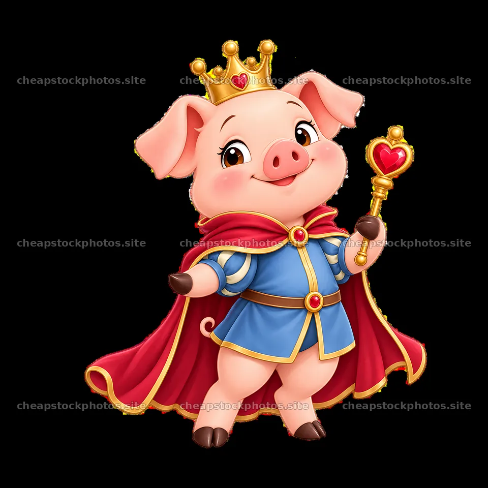 Pig with crown holding staff in royal attire – stock photos 7746x7746