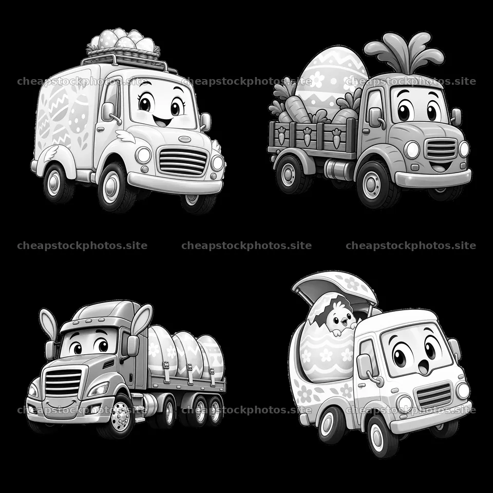 Easter truck carrying eggs and baskets in black and white – stock photos 7746x7746