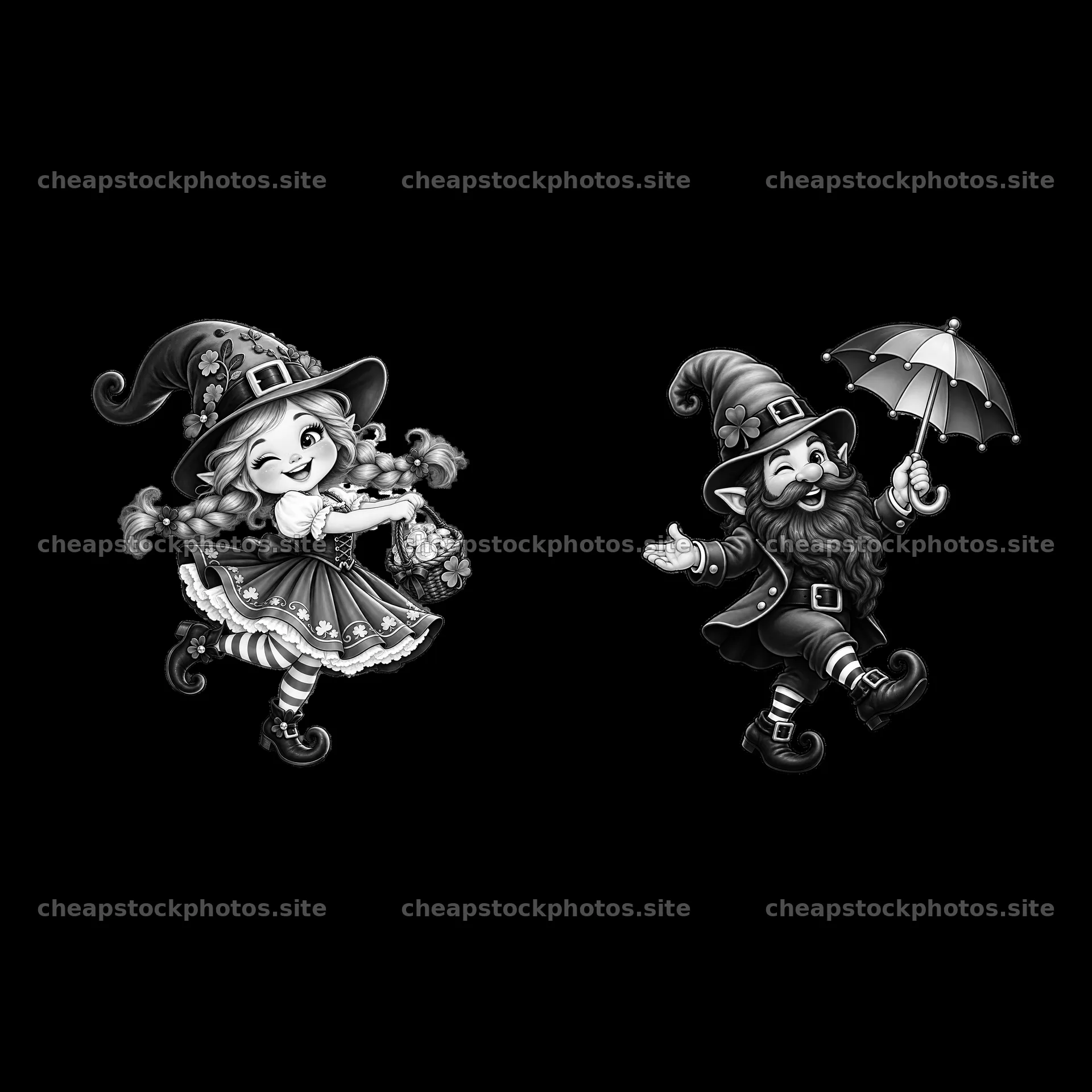 Gnome couple celebrating St. Patrick's Day with accessories – stock photos 7746x7746