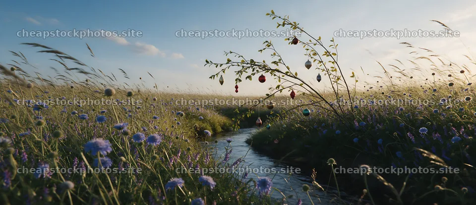Christmas ornaments hanging above stream in meadow – stock photos 12094x5210