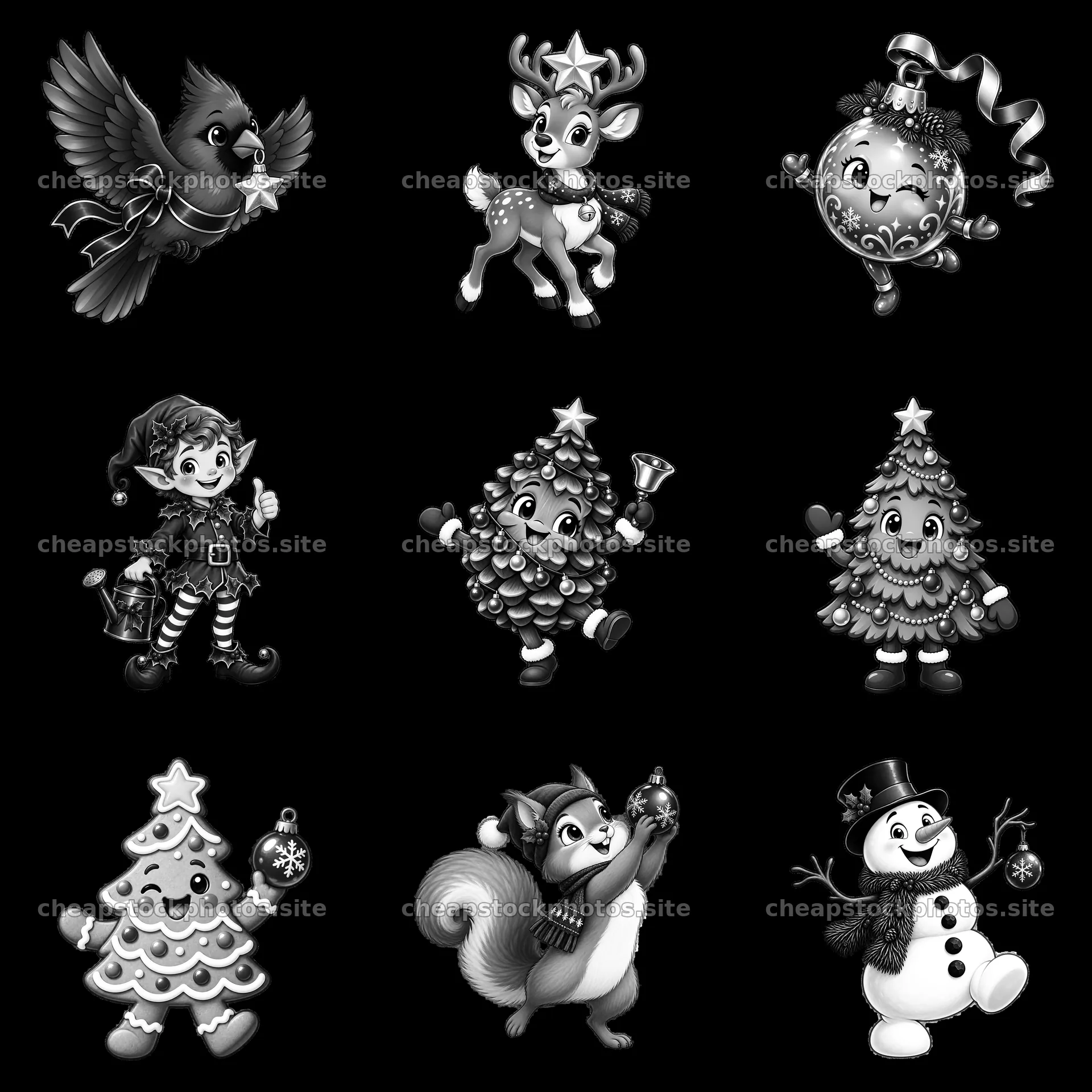 Cartoon characters celebrating Christmas in a festive layout – stock photos 7746x7746
