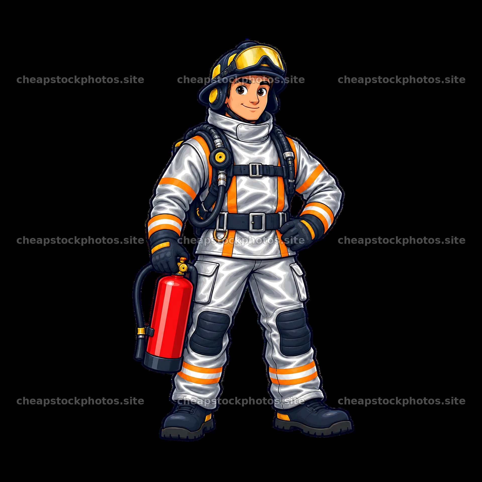 Firefighter character with fire extinguisher and safety gear – stock photos 7746x7746