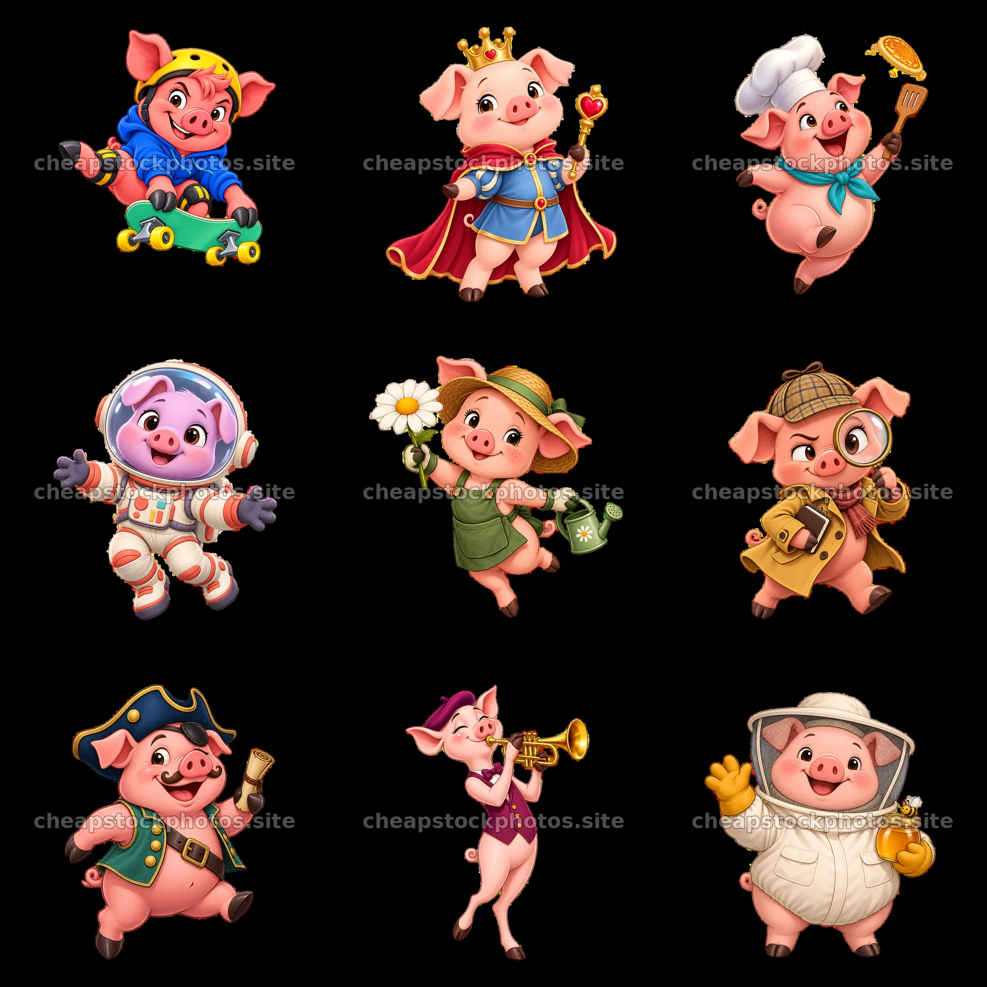 Nine playful pigs in different costumes and activities – stock photos 7746x7746