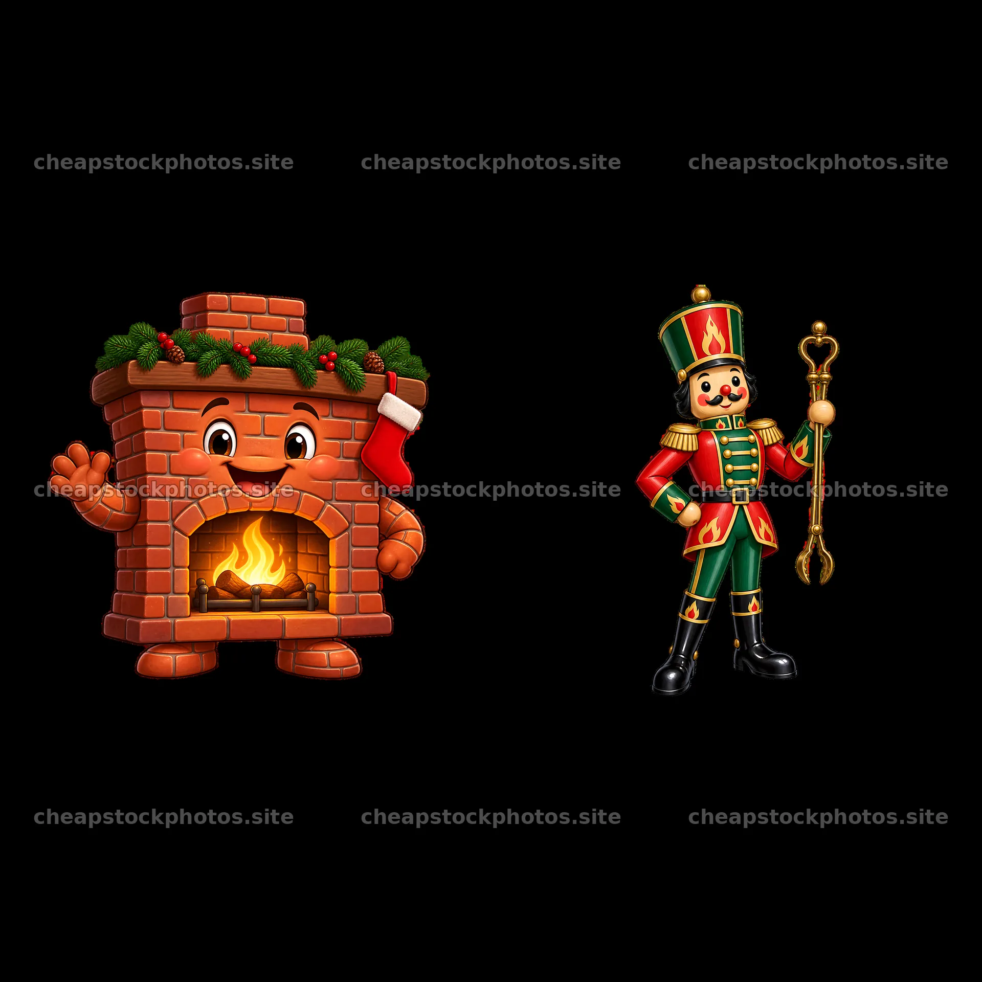 Cartoon fireplace with stockings and nutcracker character – stock photos 7746x7746