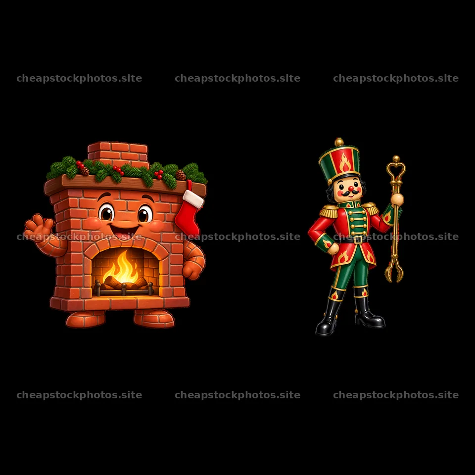Cartoon fireplace with stockings and nutcracker character – stock photos 7746x7746