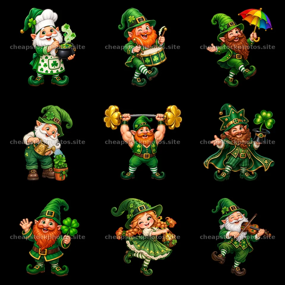 St. Patrick's Day gnomes with green outfits and festive actions – stock photos 7746x7746