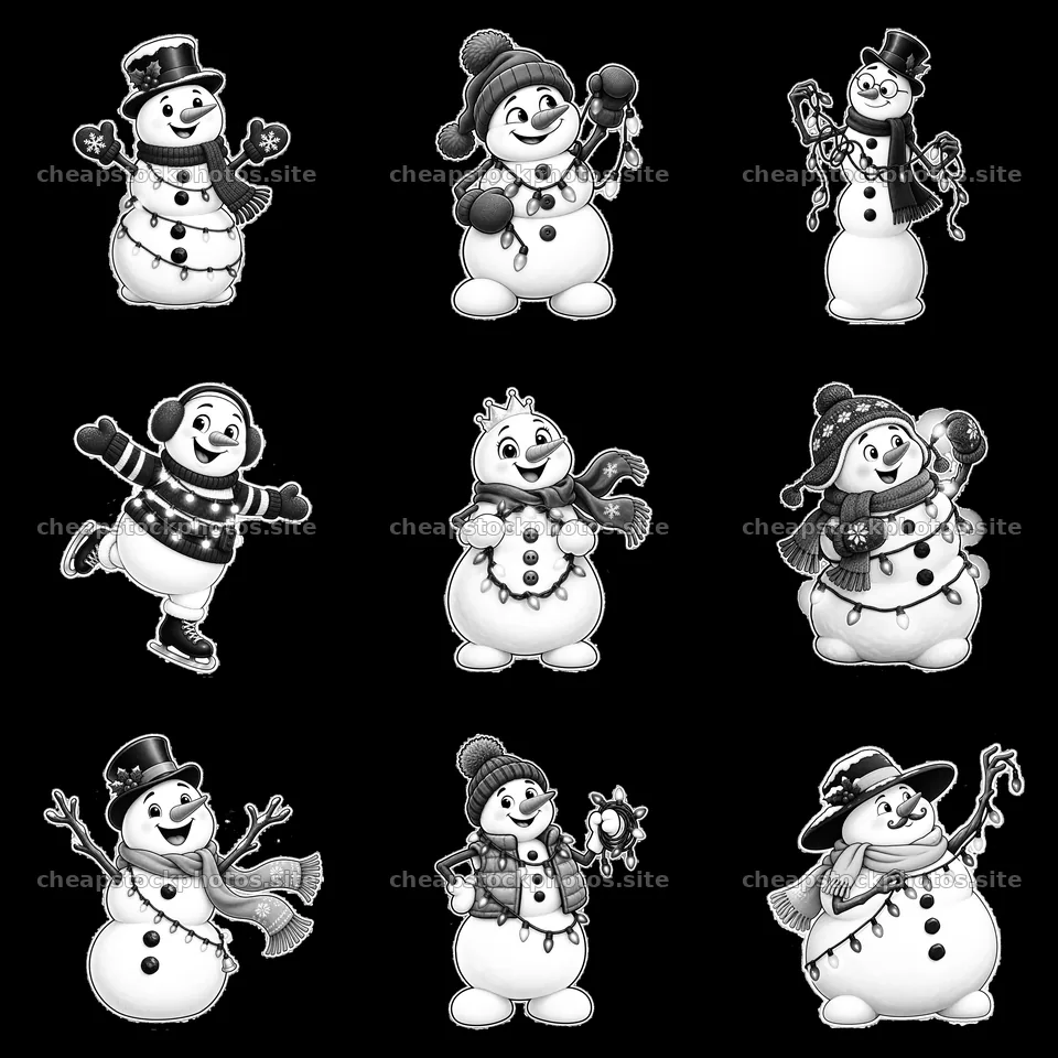 Snowmen decorating with string lights in black and white – stock photos 7746x7746