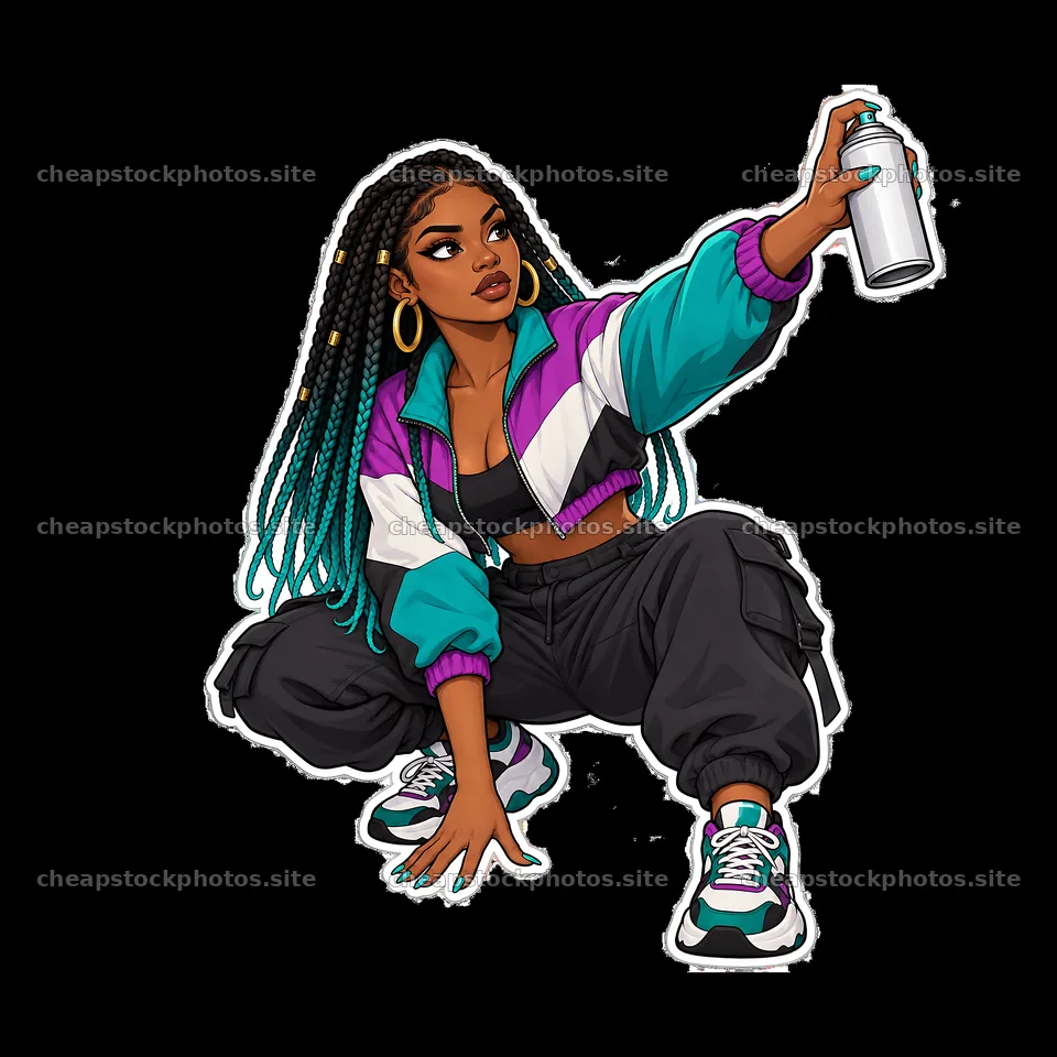 Sexy female graffiti sprayer in a crouched position holding spray can – stock photos 7746x7746