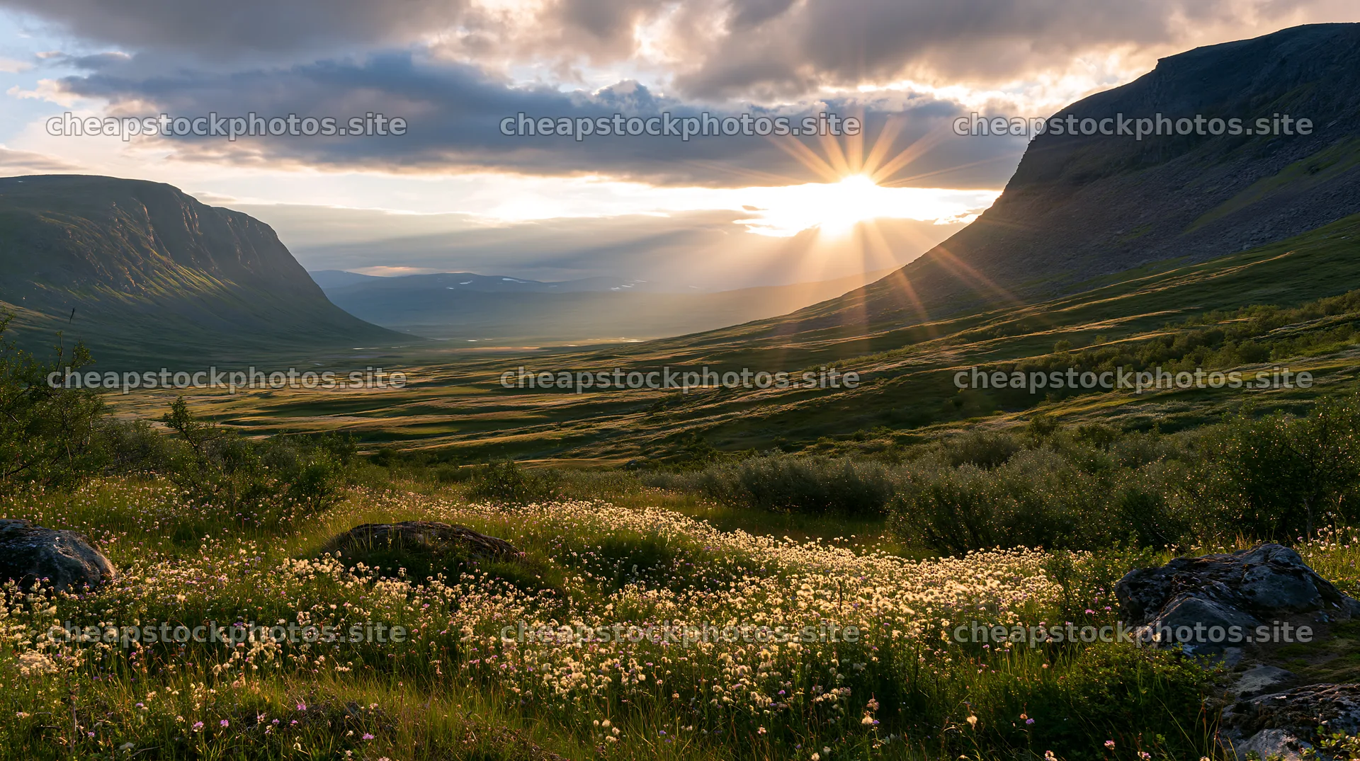 Jotunheimen valley meadow sunbeams during sunset – stock photos 10608x5938