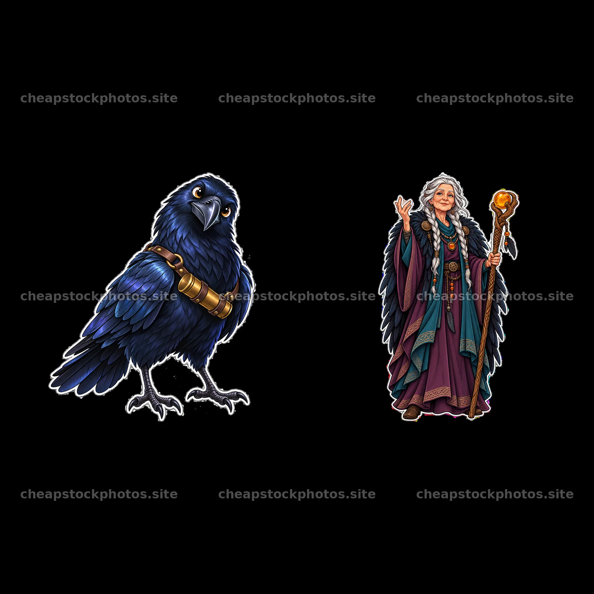 Odin with ravens and shaman holding a staff in cartoon style – stock photos 7746x7746