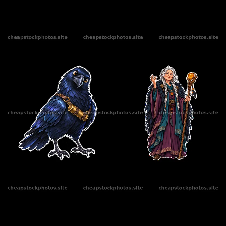 Odin with ravens and shaman holding a staff in cartoon style – stock photos 7746x7746
