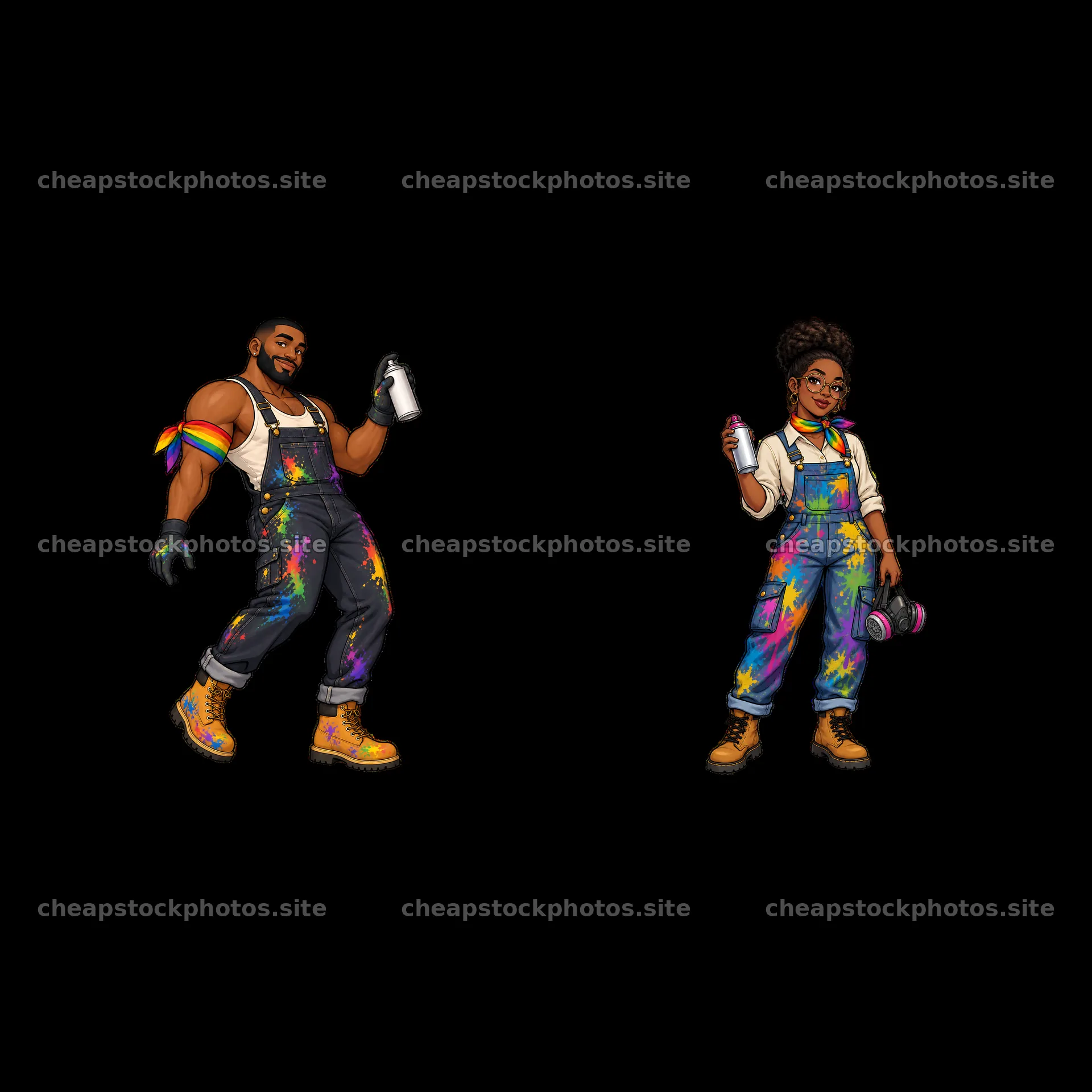 Gay graffiti artists spray painting in colorful overalls – stock photos 7746x7746