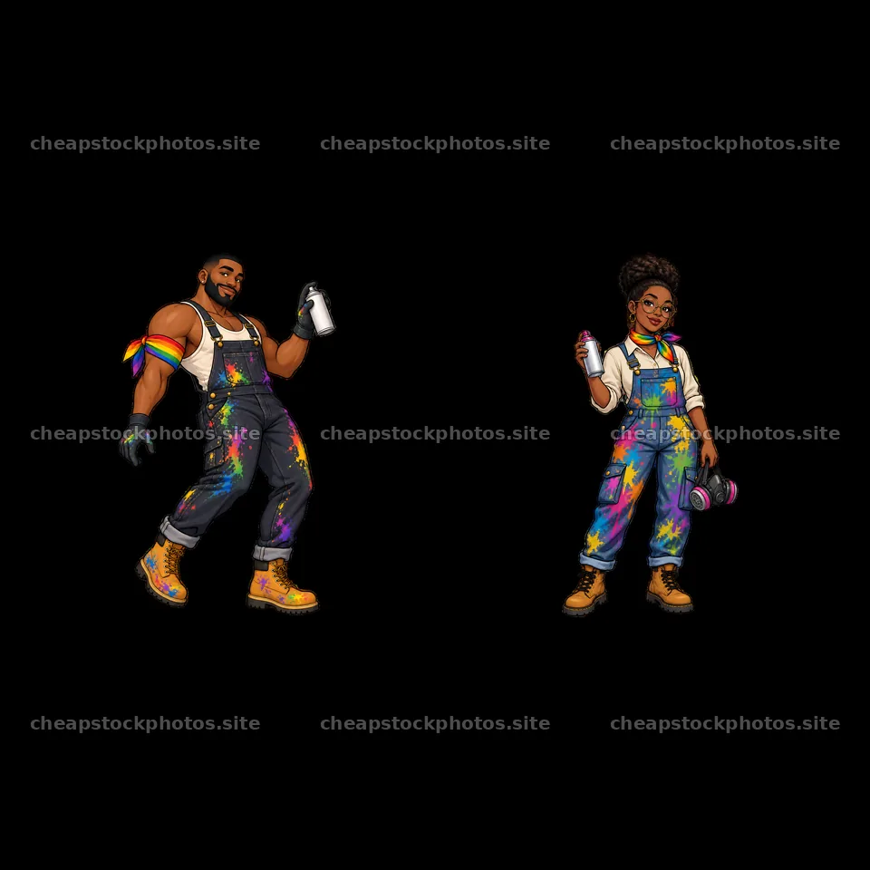 Gay graffiti artists spray painting in colorful overalls – stock photos 7746x7746