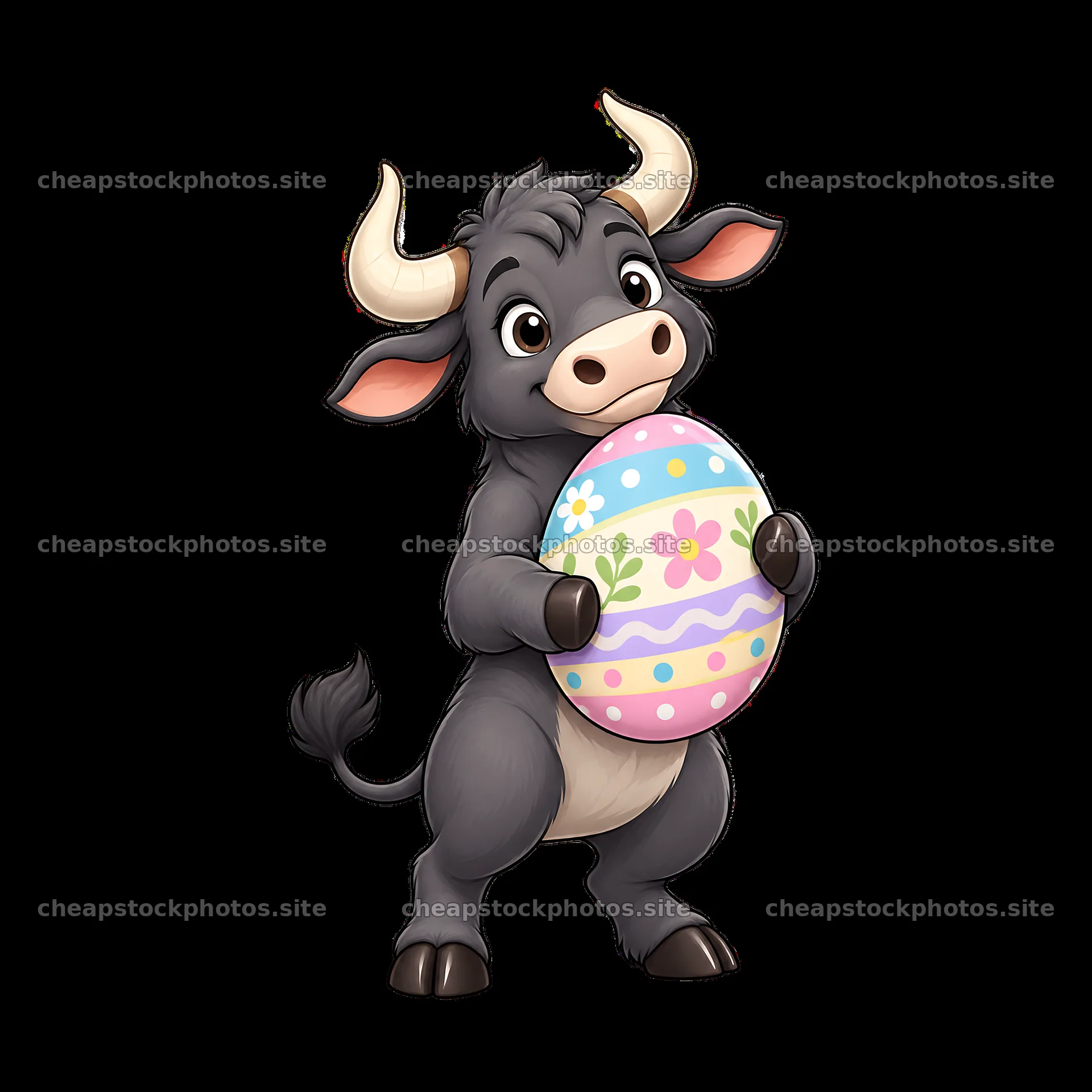 Easter ox character holding a decorated egg in pastel colors – stock photos 7746x7746