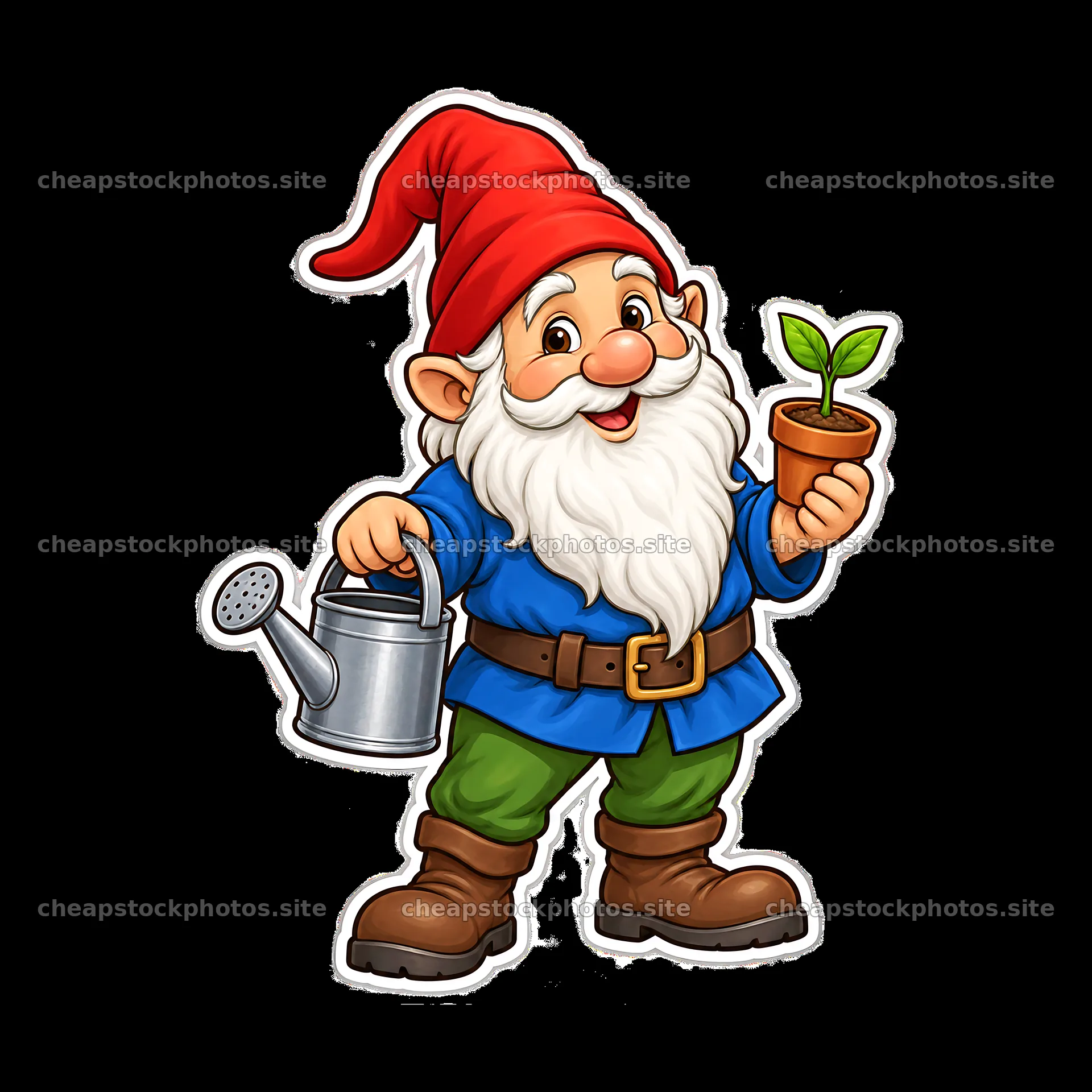 Gnome with a watering can and potted plant in garden setting – stock photos 7746x7746