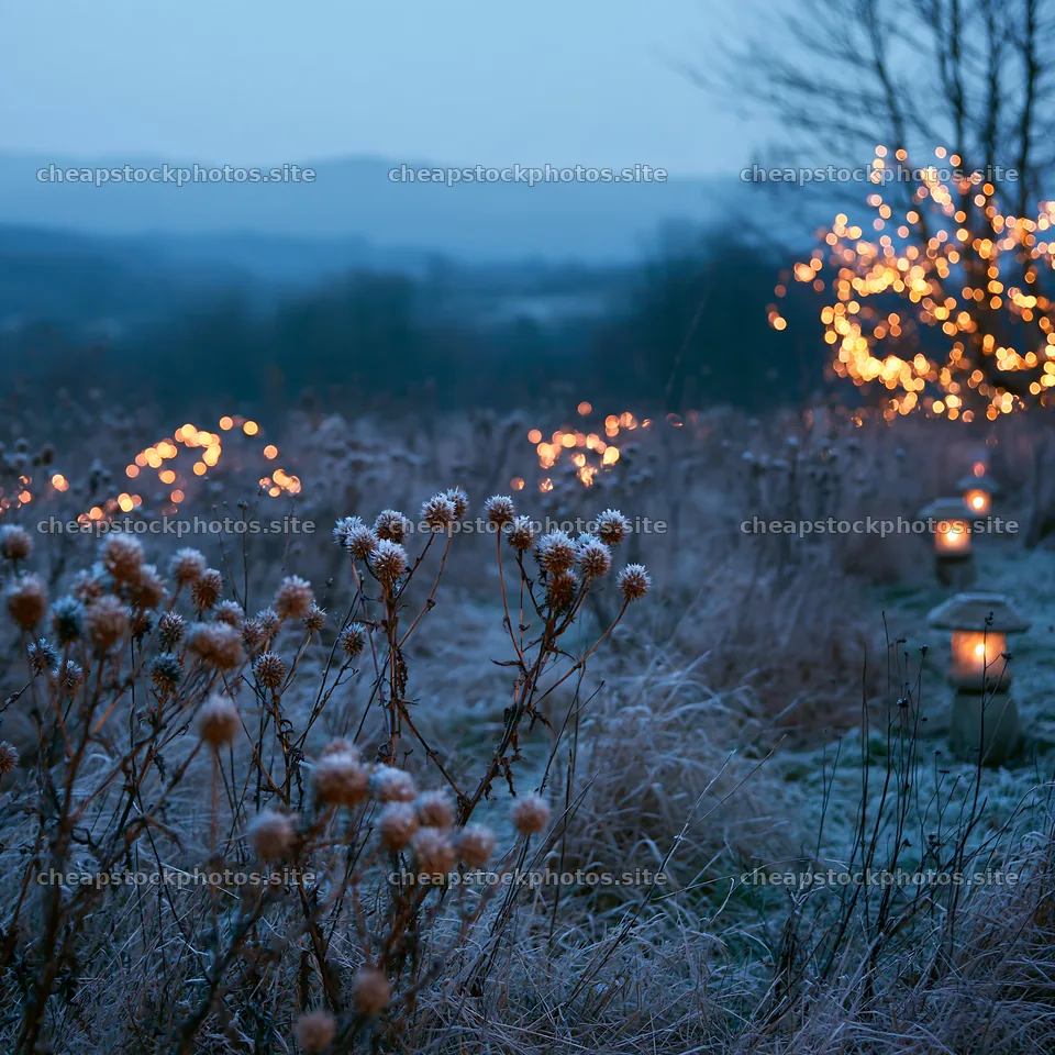 Frosty meadow with lanterns and lights during winter evening – stock photos 7938x7938