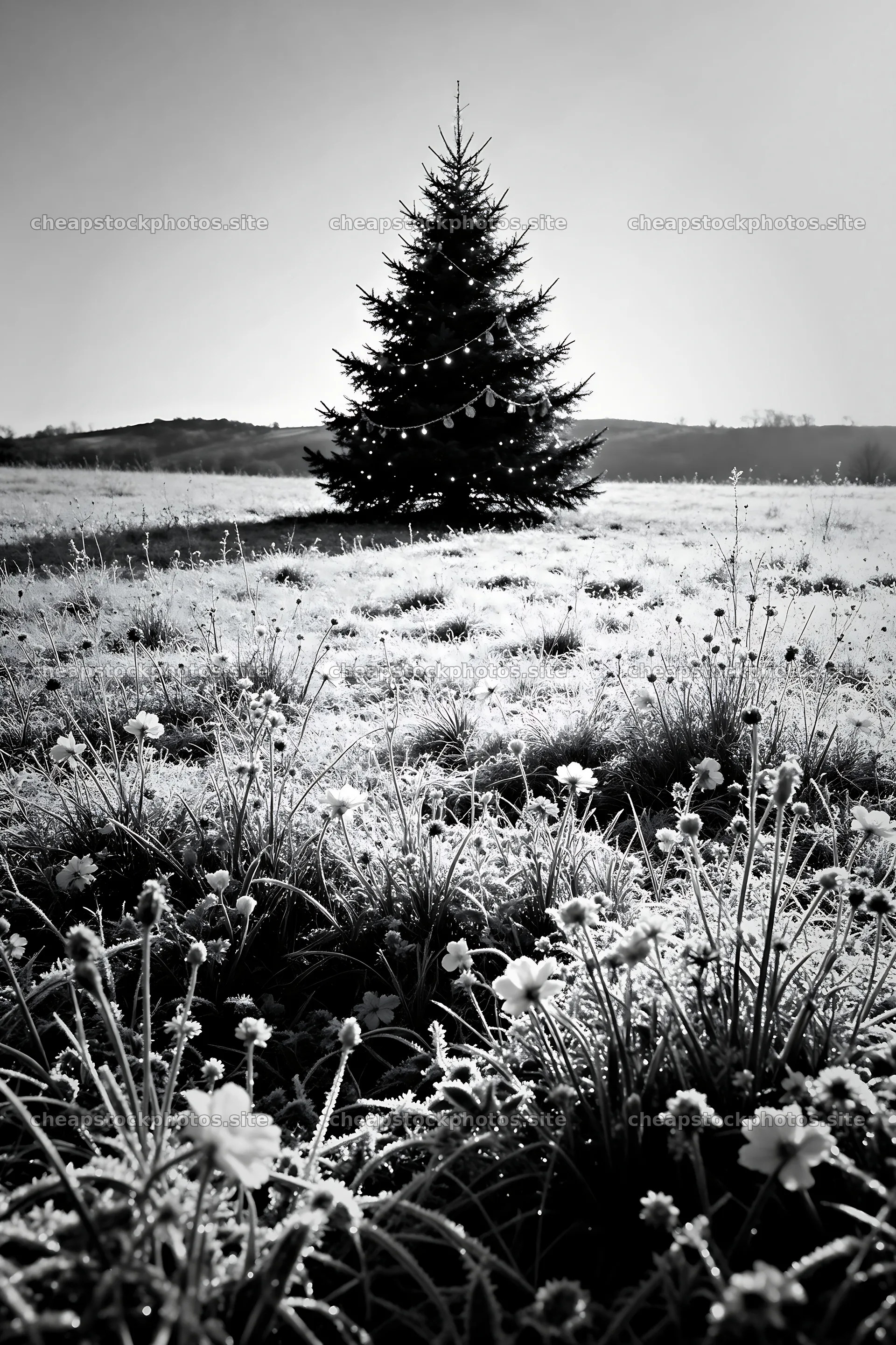 Vibrant Christmas tree in meadow with winter sunlight – stock photos 6480x9722