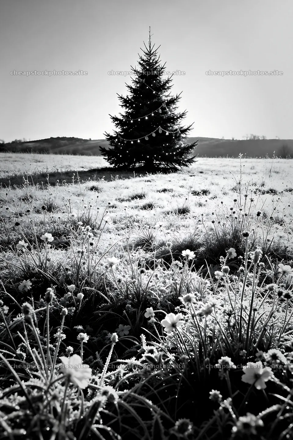 Vibrant Christmas tree in meadow with winter sunlight – stock photos 6480x9722