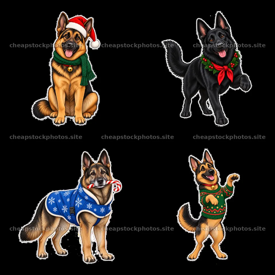 Four Christmas-themed German Shepherd illustrations in a grid – stock photos 7746x7746