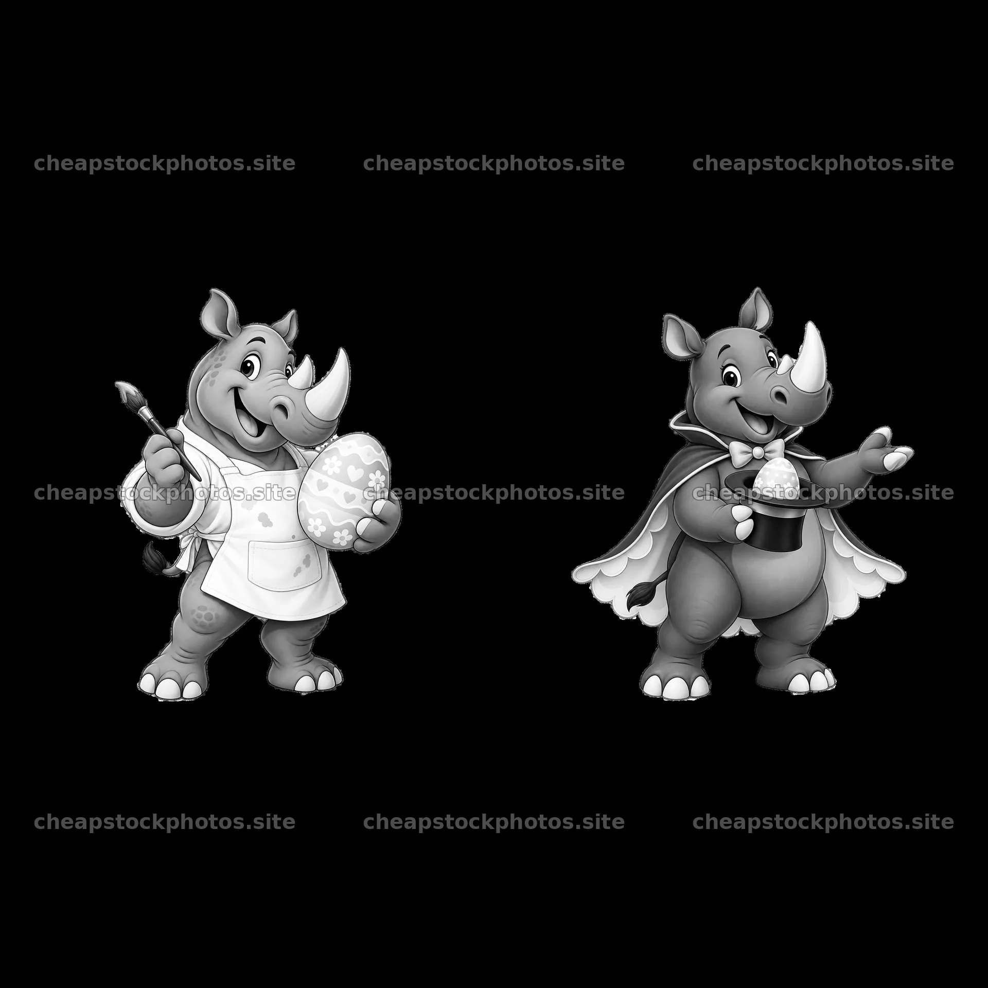 Easter rhinoceros characters painting eggs and celebrating – stock photos 7746x7746