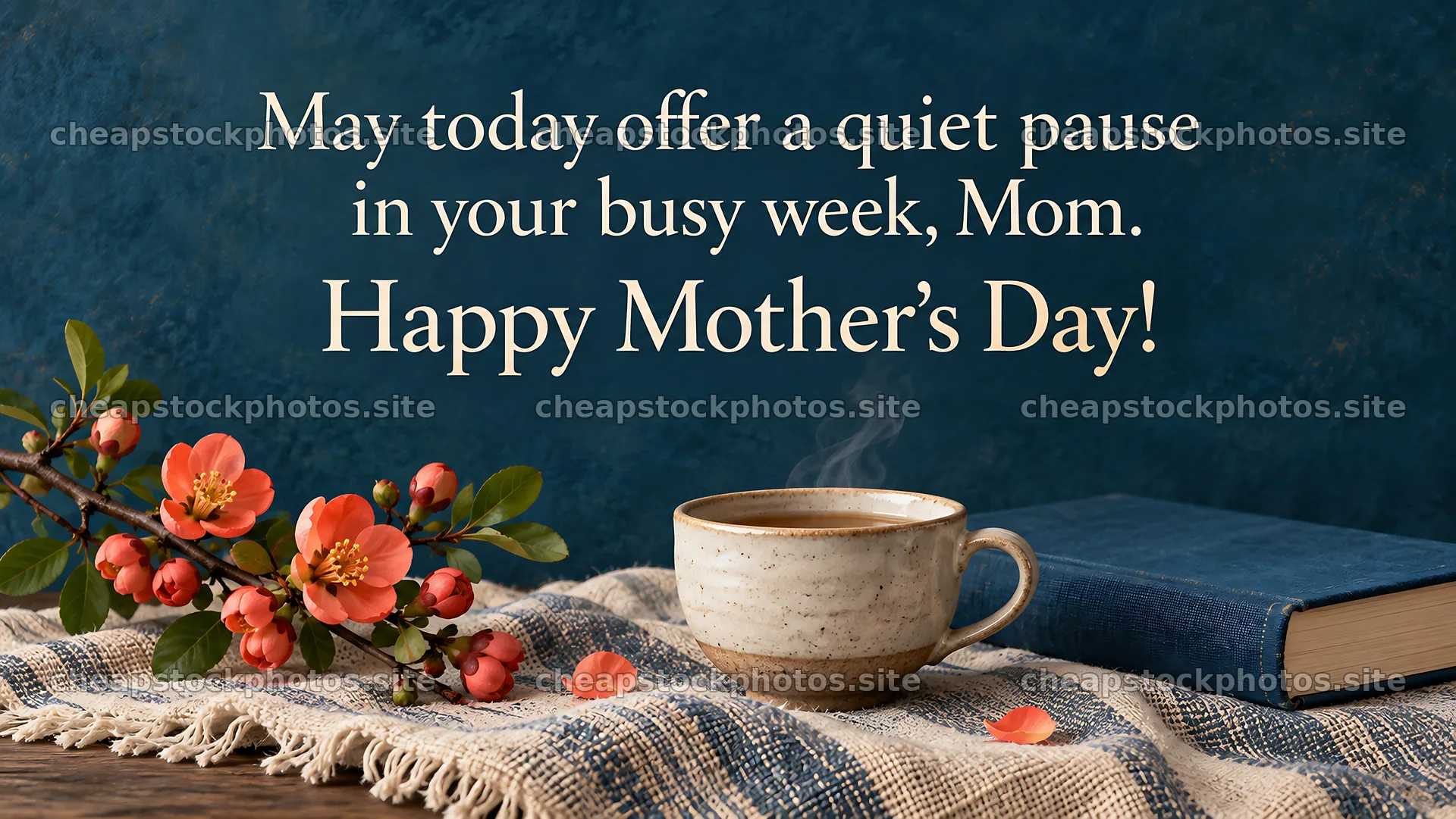 Mother's Day greeting with blossoms, cup and book – stock photos 10324x5812